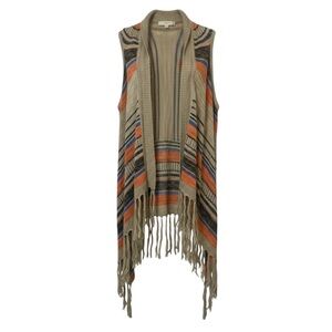 Umgee Cardigan Sweater Vest S/M Beige Striped Fringe Boho Open-Front Sleeveless